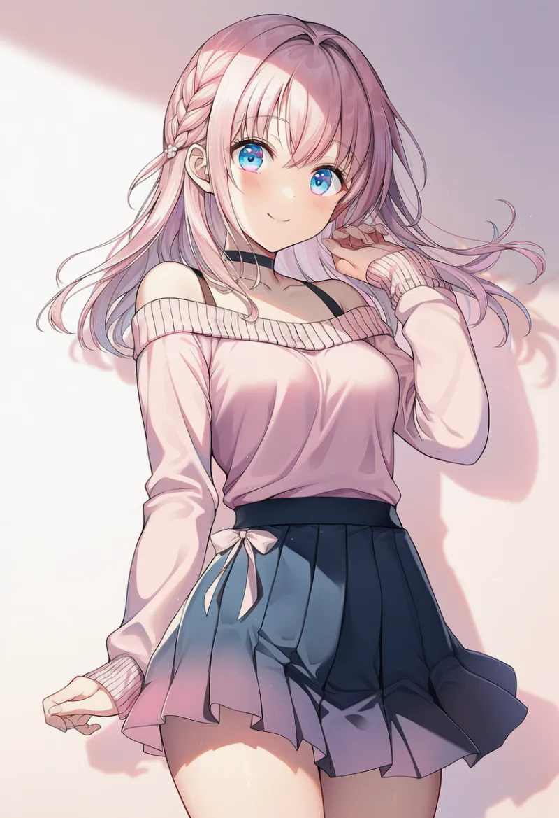 オフショルダーのセーターとスカート|春コーデのAIイラストとプロンプト紹介