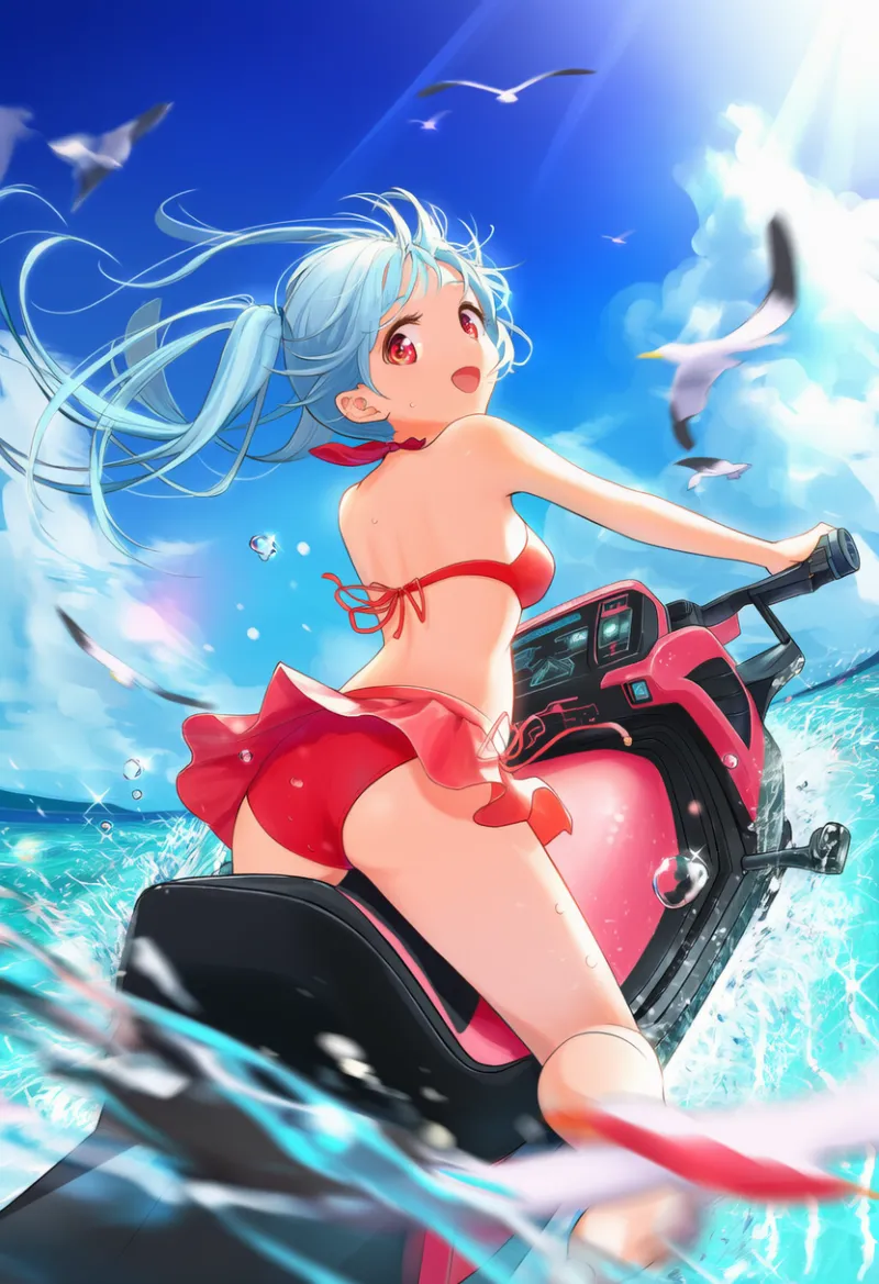 赤ビキニでジェットスキーを高速走行するシーンのプロンプトとAIイラスト