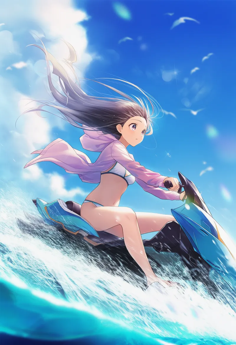 ジェットスキーに乗るプロンプトとAIイラスト