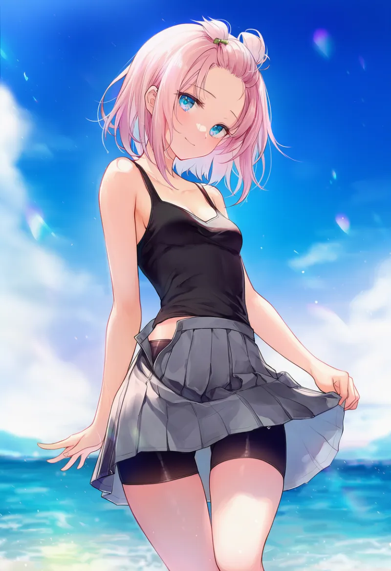 スカートの側面のボタン・ジッパーが開いている状態のAIイラスト｜プロンプト紹介：open skirt