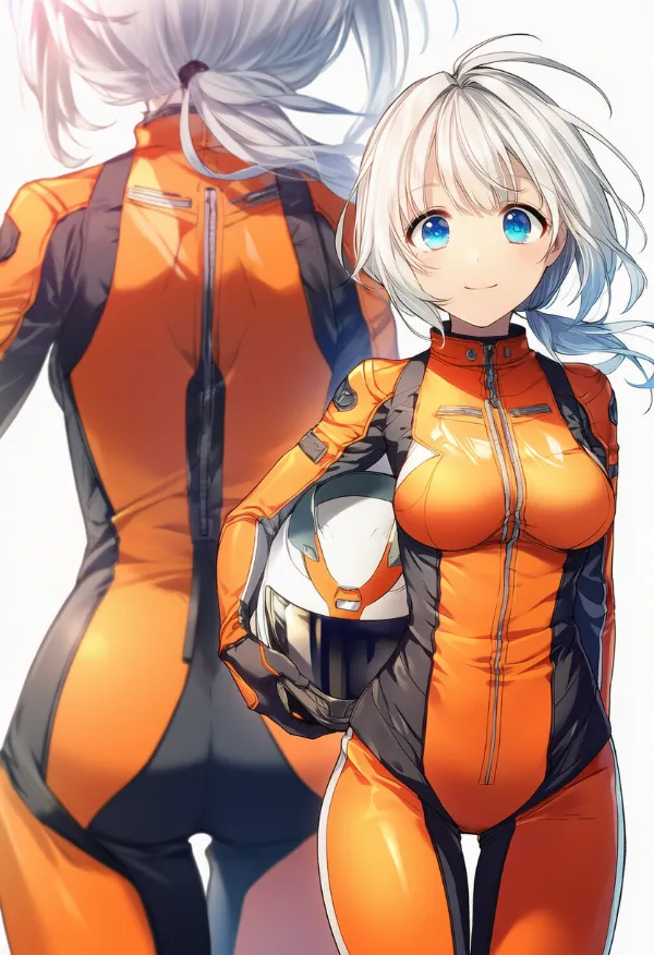 オレンジ色のバイクスーツのプロンプトとAIイラスト