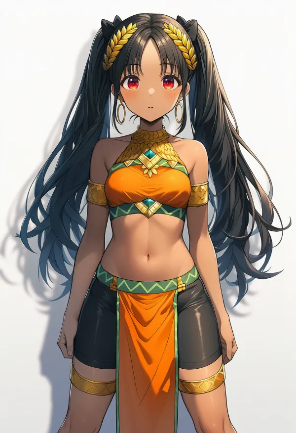 オレンジ色の腰布にくすみ緑色の縁取りのAIイラスト｜プロンプト紹介