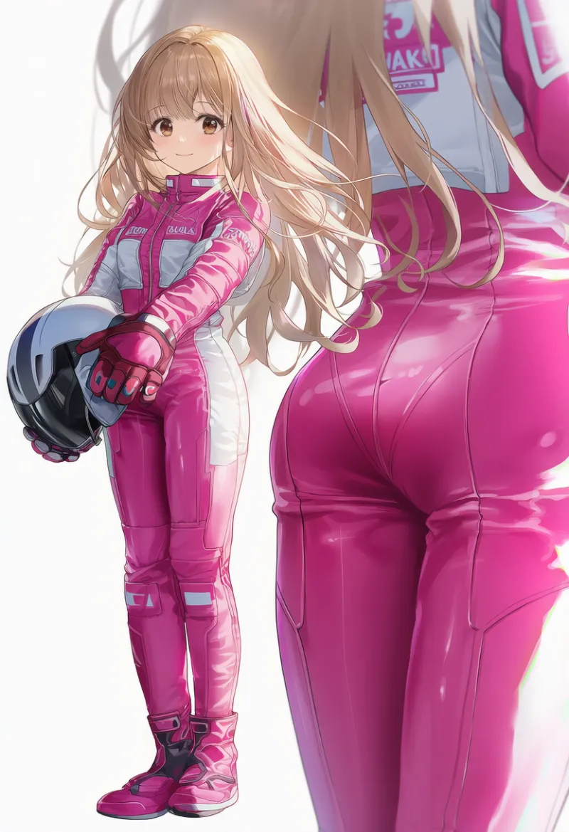 ルーズに着こなす体型のプロンプトとバイクスーツのAIイラスト