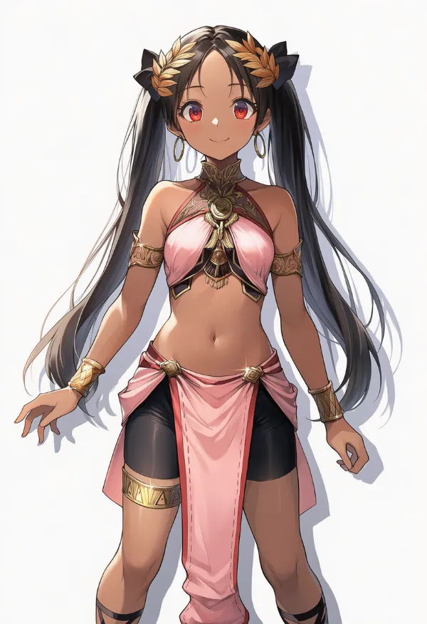 ピンク色の腰布にくすみ赤色の縁取りのAIイラスト｜プロンプト紹介