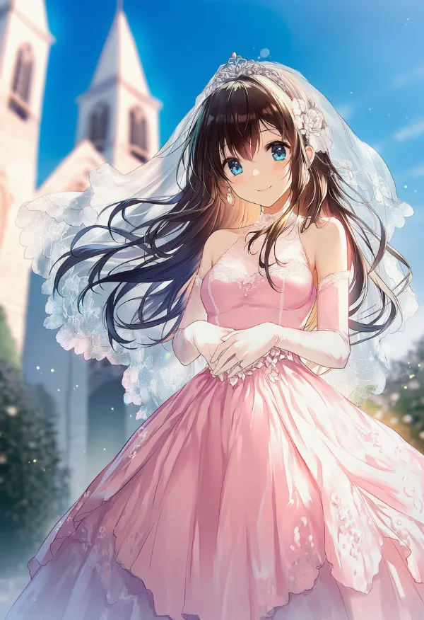 ピンク色のウェディングドレスのAIイラストとプロンプト紹介