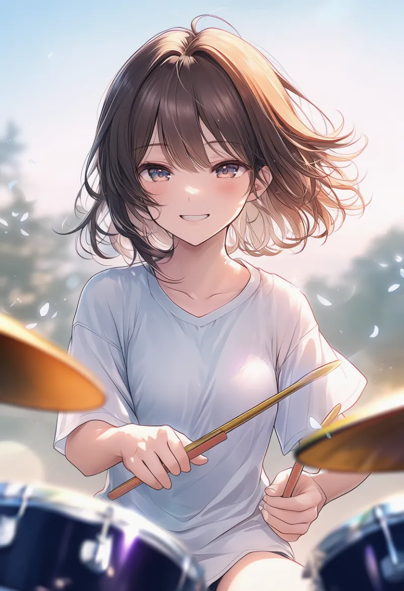 ドラムを叩くAIイラスト|プロンプト:playing drums, drum set, drumsticks