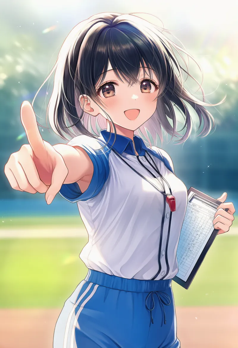 スコアブックを持って指さしをしている野球部マネージャーのAIイラストとプロンプト紹介