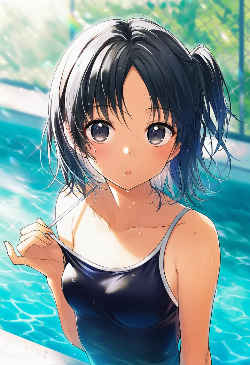 スクール水着の肩紐（片方）を引っ張る動作のAIイラストとプロンプト紹介