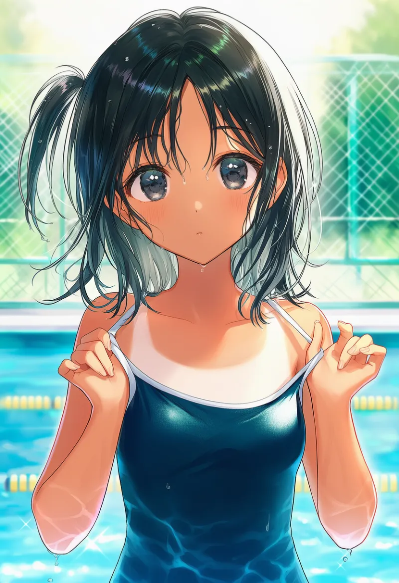 スクール水着の肩紐（両方）を引っ張る動作のAIイラストとプロンプト紹介