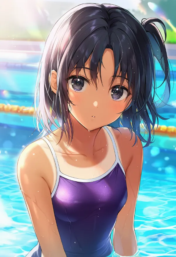 紫色のスクール水着のAIイラスト｜プロンプト紹介