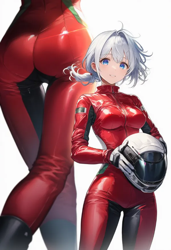 赤色のバイクスーツのプロンプトとAIイラスト