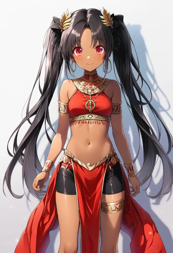 赤色の腰布に金色の縁取りのAIイラスト｜プロンプト紹介