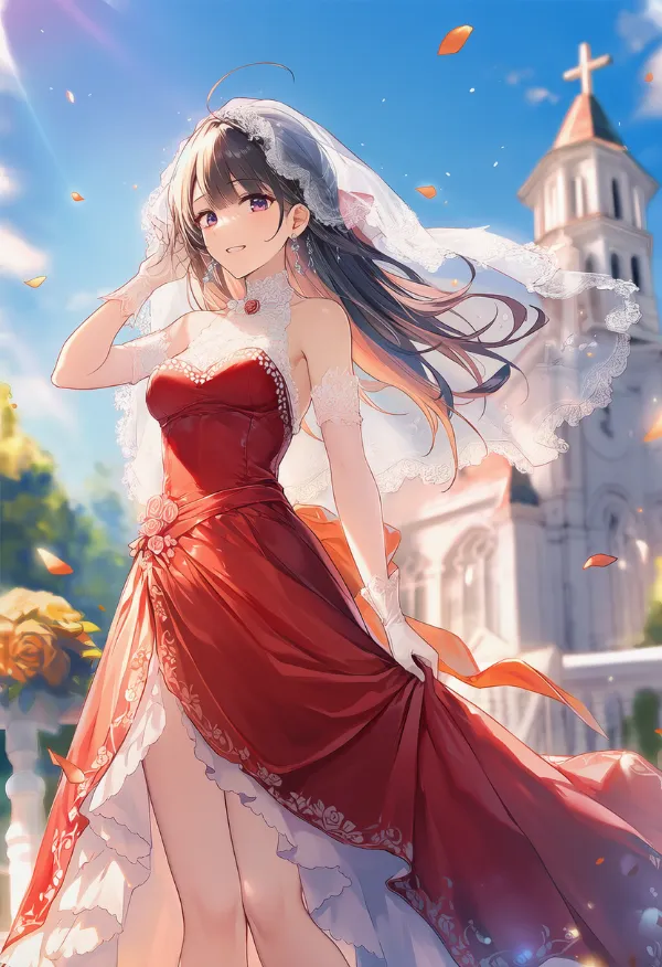 赤色のウェディングドレスのAIイラストとプロンプト紹介