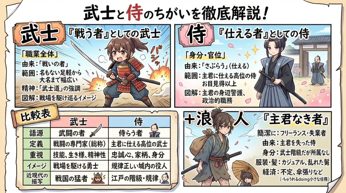 武士と侍の違いを説明するAIイラスト(グラレコ)