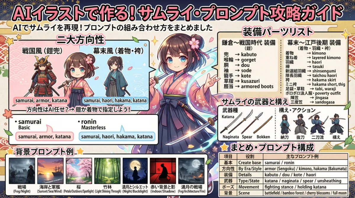 侍のプロンプト集(戦国・幕末スタイル別)のまとめ用の図解イラスト(グラレコ)