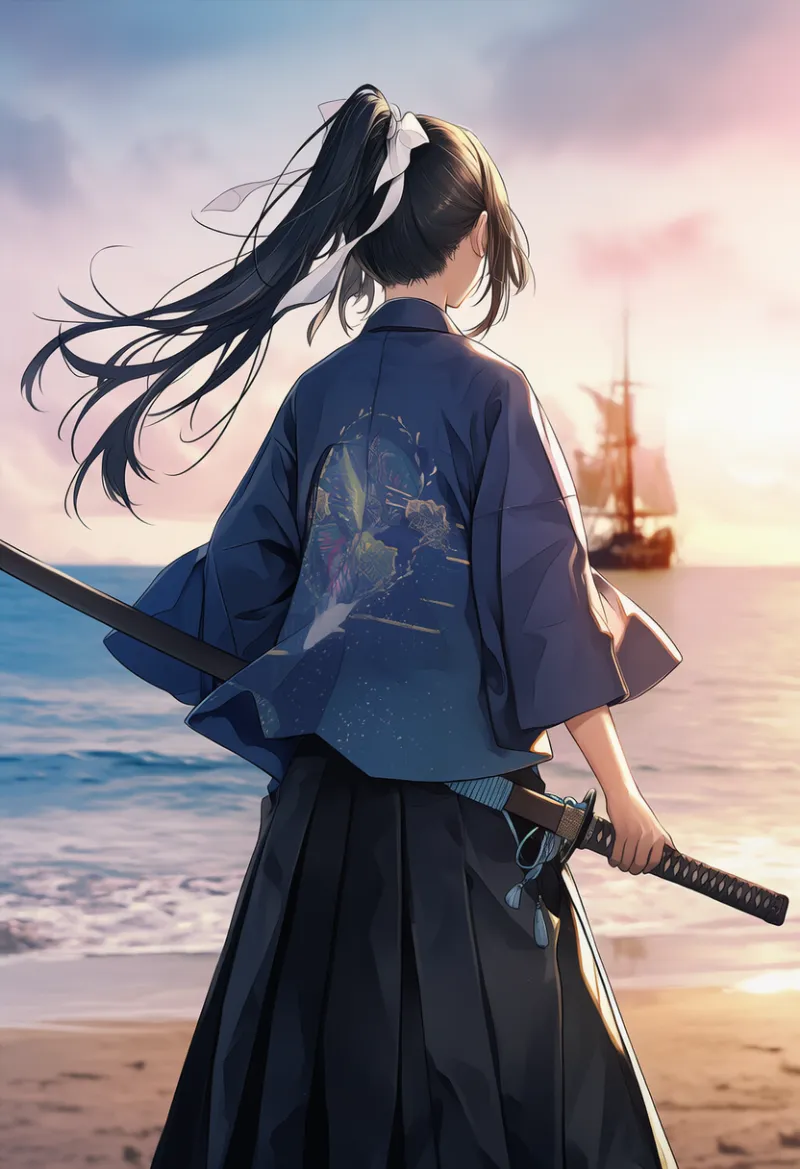 浜辺と軍艦の背景プロンプト(夕暮れ・海・風)|侍AIイラスト用