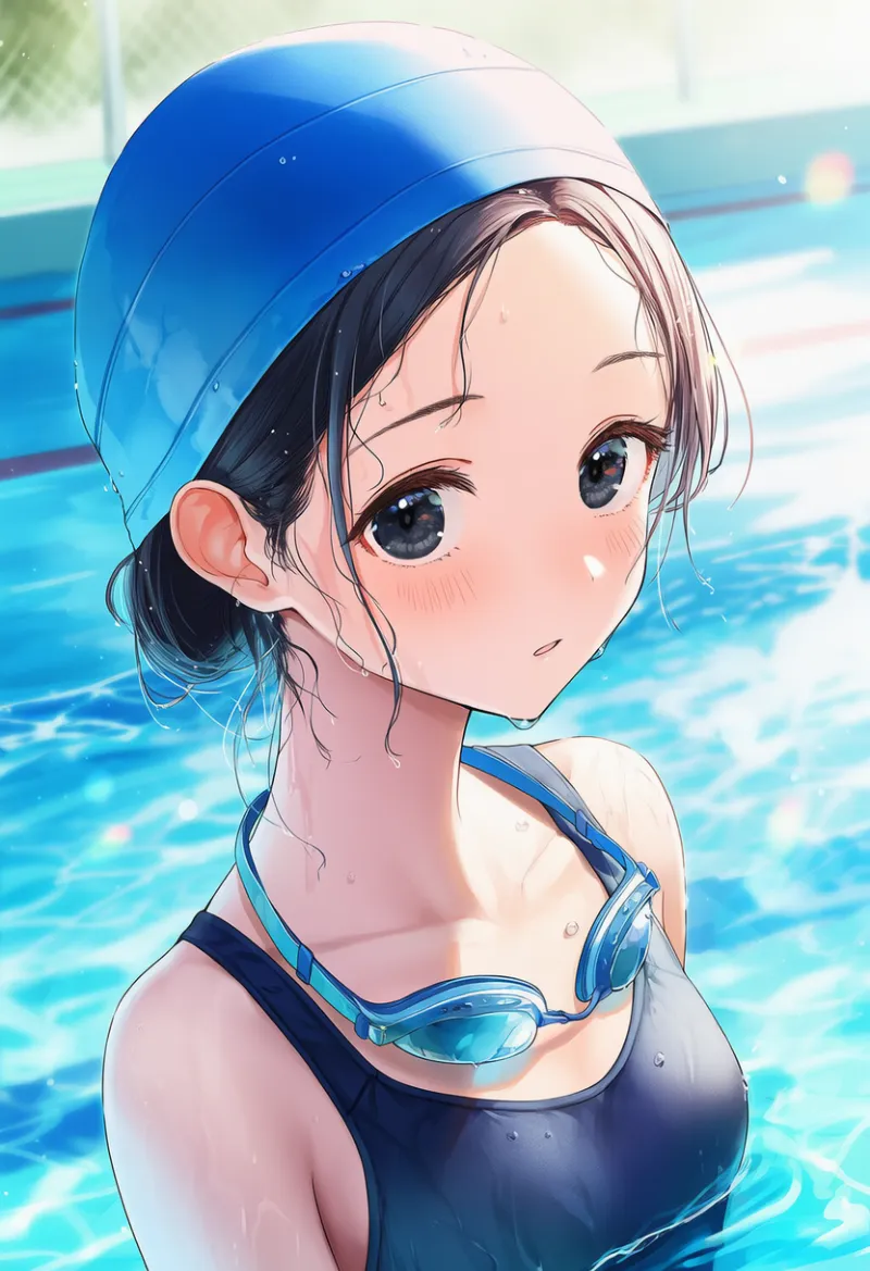 水泳帽に合わせて髪をまとめるプロンプトとAIイラスト