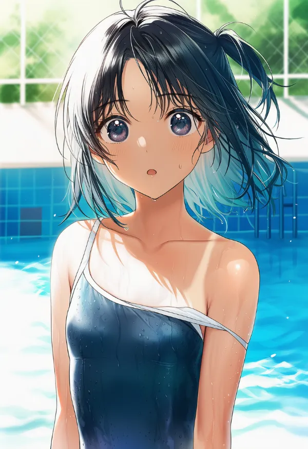 スクール水着の肩紐がずり落ちる状態のAIイラストとプロンプト紹介