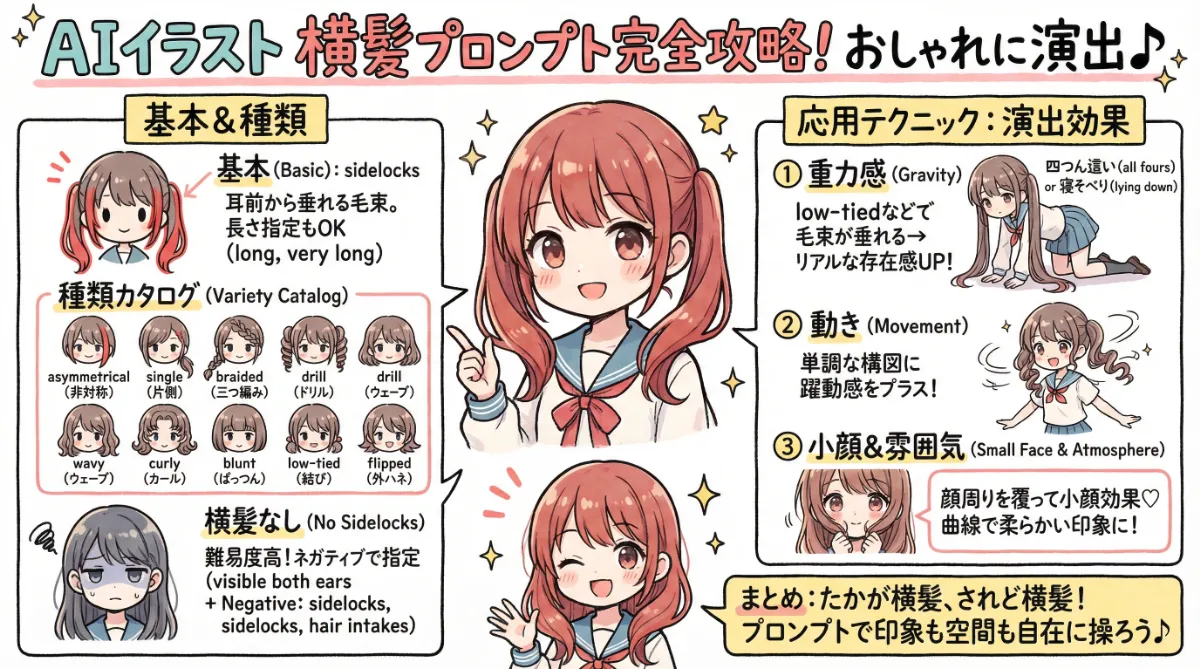 横髪のプロンプト完全ガイドのまとめ用の図解イラスト（グラレコ）