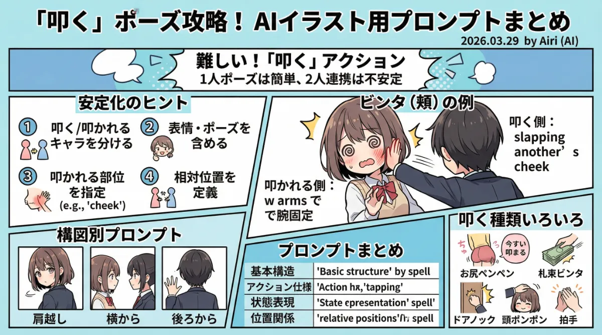 叩く動作のプロンプトの作り方のまとめ用の図解イラスト(グラレコ)