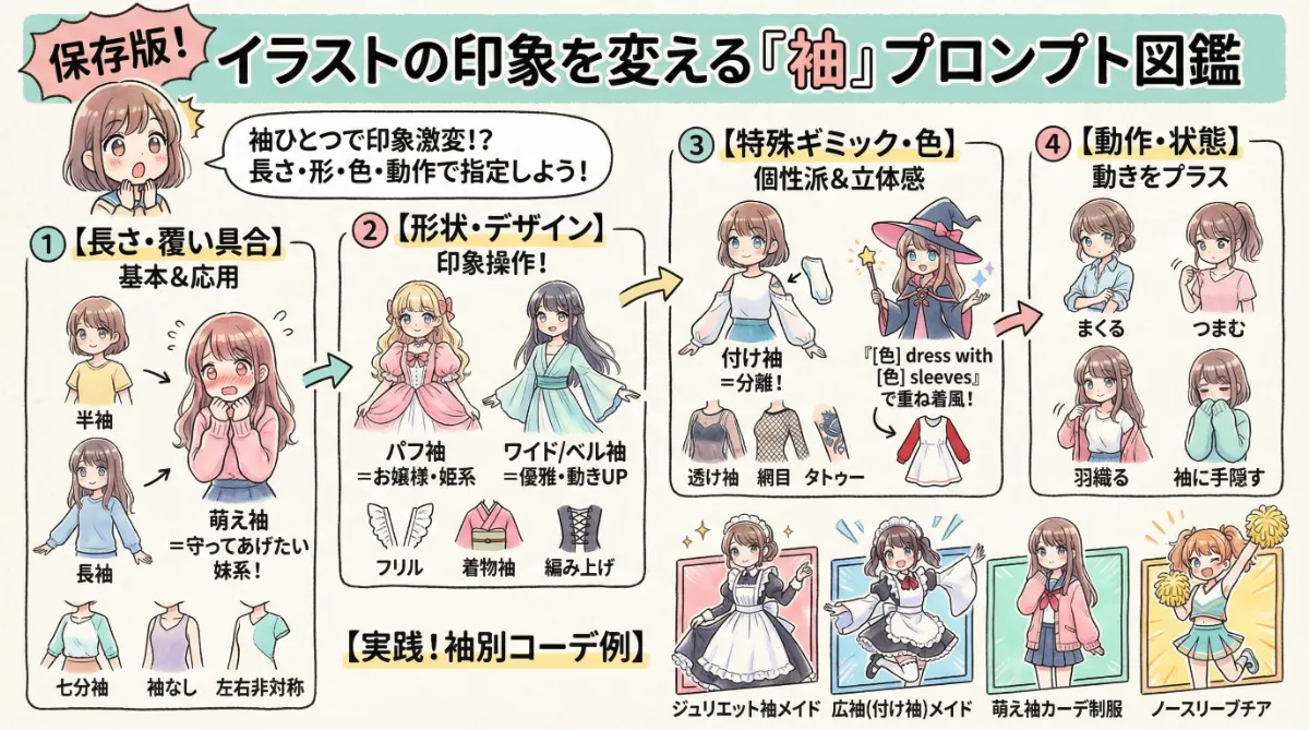 袖の種類のプロンプト（長さ・形状・ポーズなど）のまとめ用の図解イラスト（グラレコ）