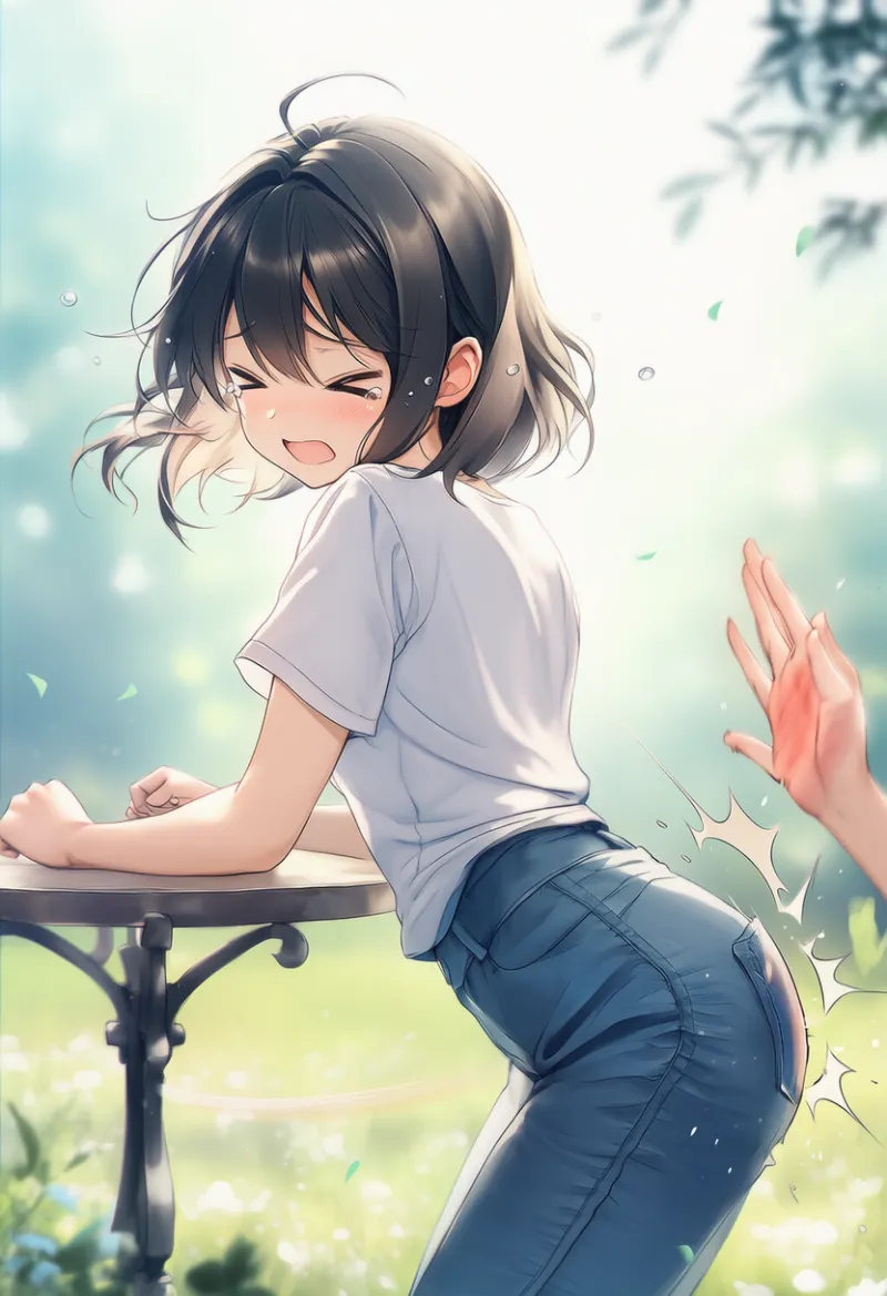 机に手をついてお尻を叩かれるAIイラストの作例|プロンプト紹介