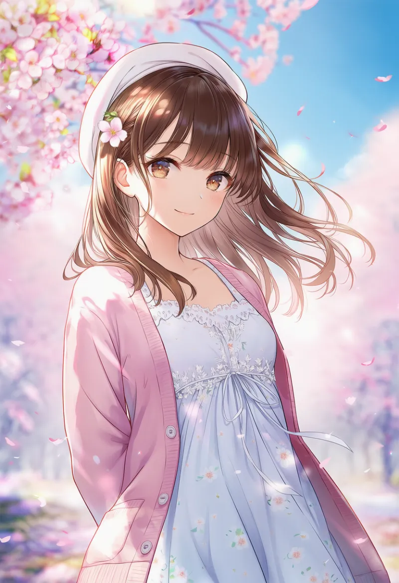 春コーデ(ピンクカーディガンと白いさんドレス)のAIイラスト作例とプロンプト紹介