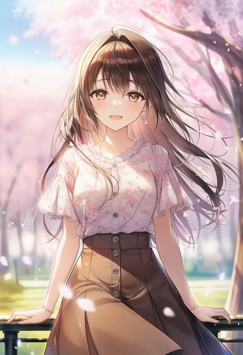 春コーデ(花柄ブラウスとブラウンスカート)のAIイラスト作例とプロンプト紹介