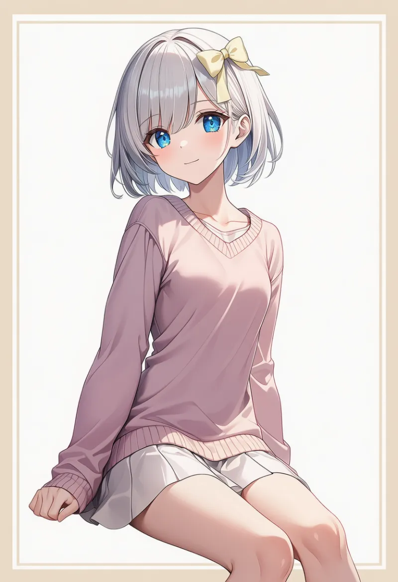 pale pink sweater, white miniskirt, pale yellow hair bow|春コーデの配色パターンのプロンプト例