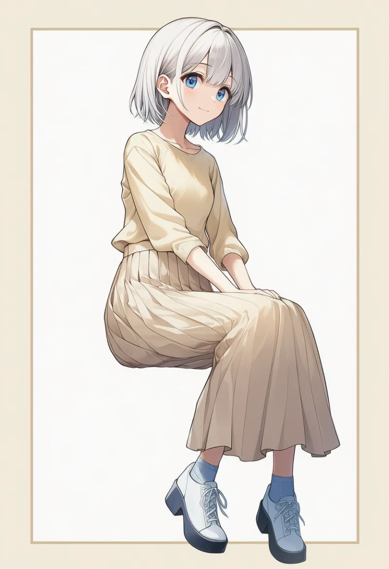 pale yellow blouse, ivory chiffon skirt, pale blue socks|春コーデの配色パターンのプロンプト例