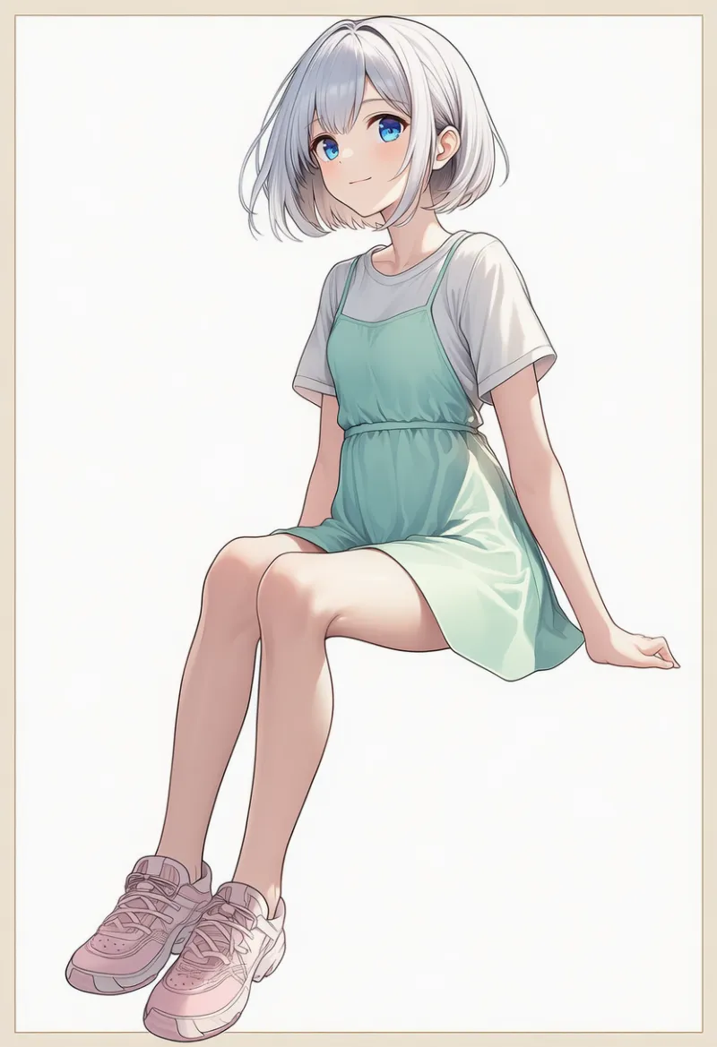 white T-shirt, pale green mini dress, pale pink sneakers|春コーデの配色パターンのプロンプト例