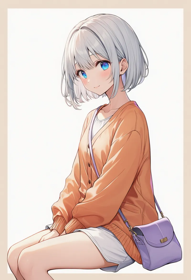 pale orange cardigan, white shorts, pale purple bag|春コーデの配色パターンのプロンプト例