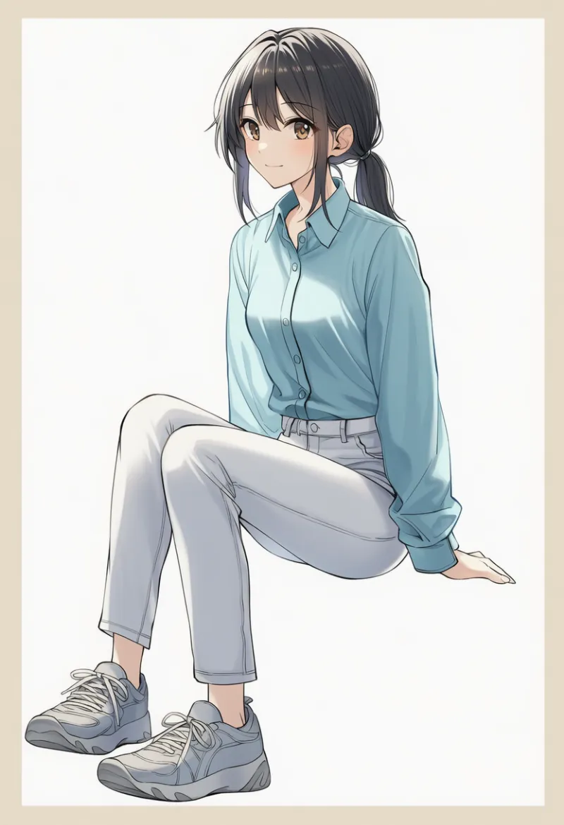 pale blue dress shirt, white skinny jeans, pale gray sneakers|春コーデの配色パターンのプロンプト例
