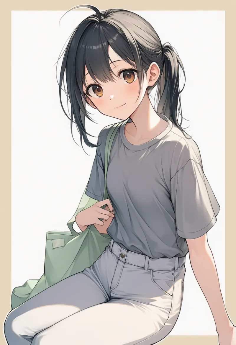 pale gray short sleeves shirt, white pants, pale green bag|春コーデの配色パターンのプロンプト例