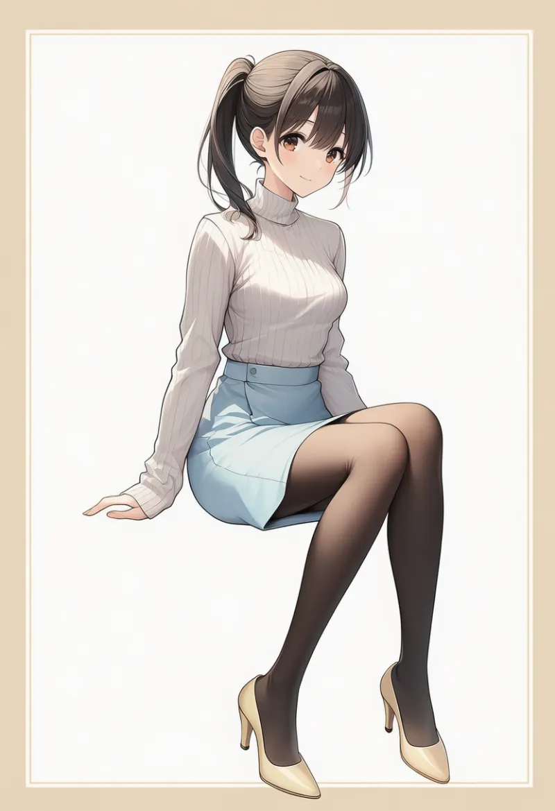 white turtleneck, pale blue pencil skirt, pale yellow pumps|春コーデの配色パターンのプロンプト例