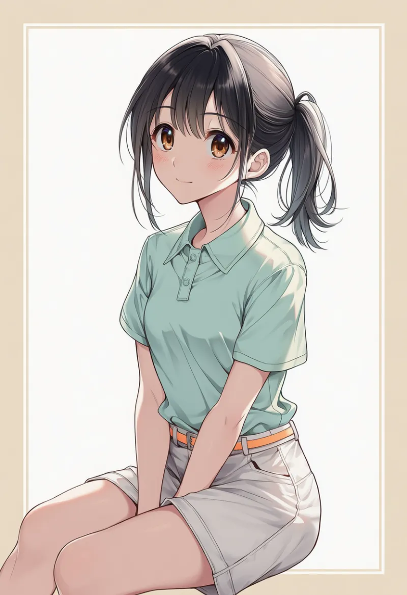 pale green polo shirt, white baggy shorts, pale orange belt|春コーデの配色パターンのプロンプト例