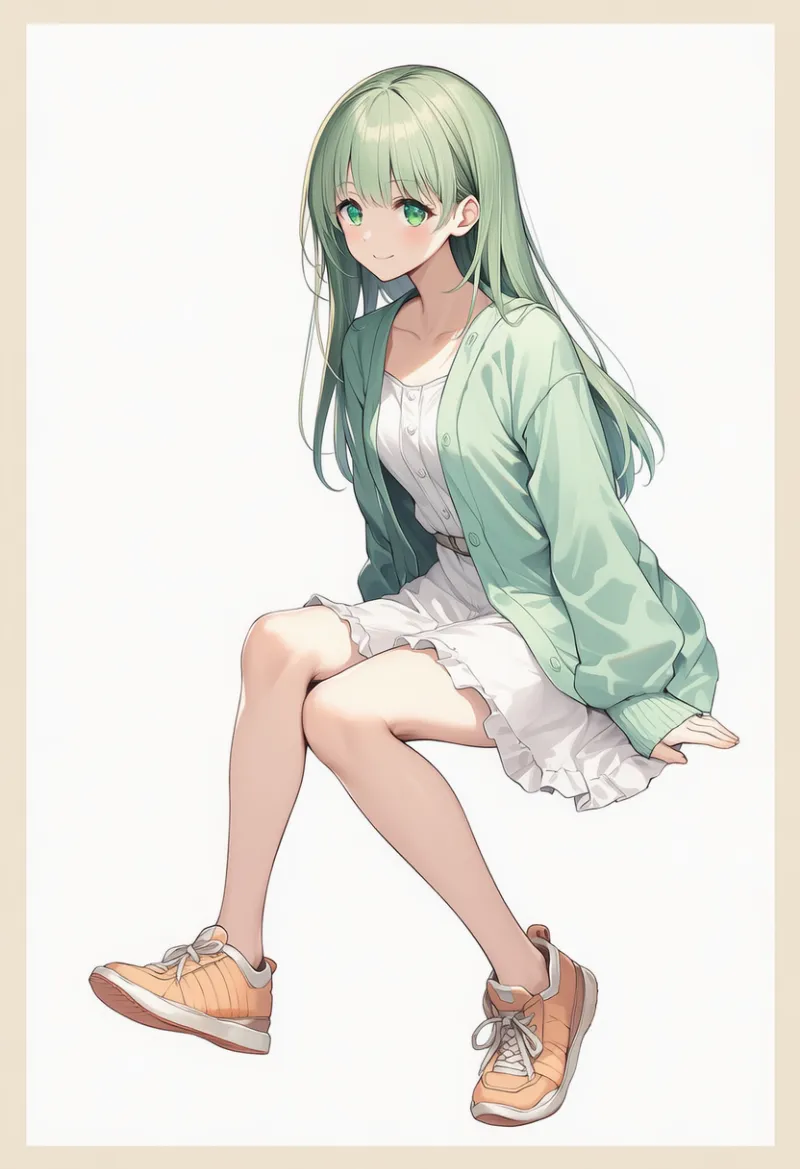 pale green cardigan, white dress, pale orange sneakers|春コーデの配色パターンのプロンプト例