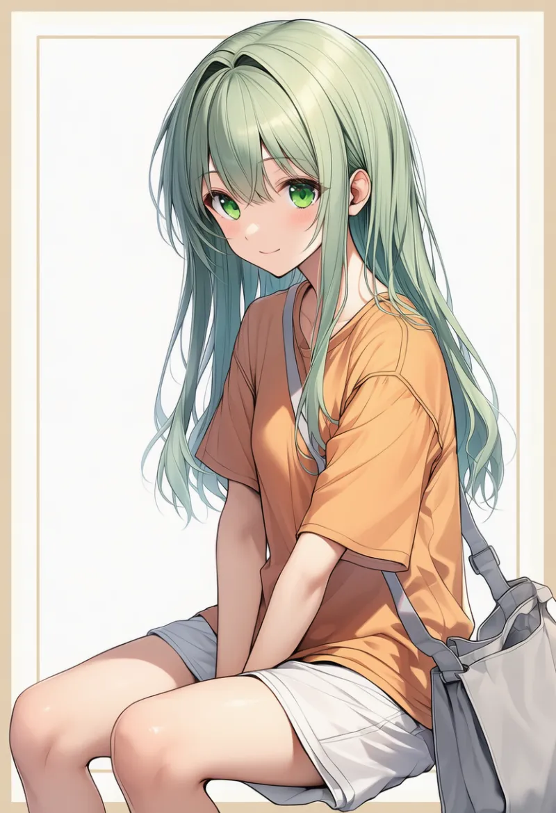 pale orange loose t-shirt, white baggy shorts, soft gray tote bag|春コーデの配色パターンのプロンプト例