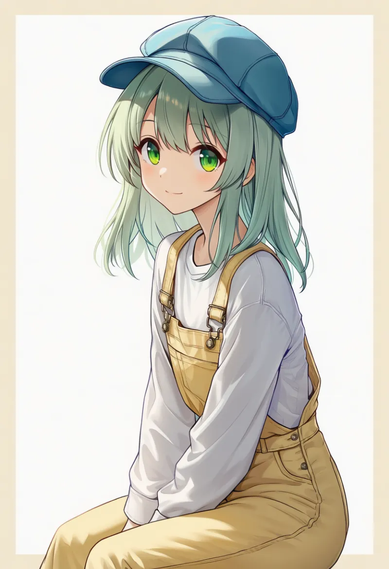 white long sleeves T-shirt, pale yellow overalls, pale blue newsboy cap|春コーデの配色パターンのプロンプト例