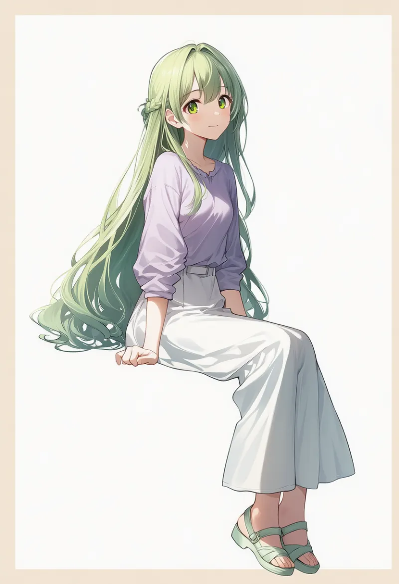 pale purple shirt, white long skirt, pale green sandals|春コーデの配色パターンのプロンプト例