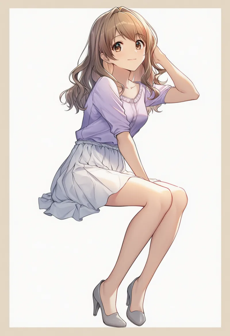 pale purple blouse, white double flare skirt one-piece, miniskirt, soft gray high heels|春コーデの配色パターンのプロンプト例