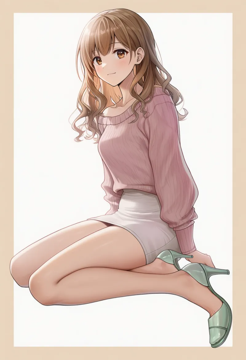 pale pink sweater, white tight miniskirt, pale green strappy heels|春コーデの配色パターンのプロンプト例
