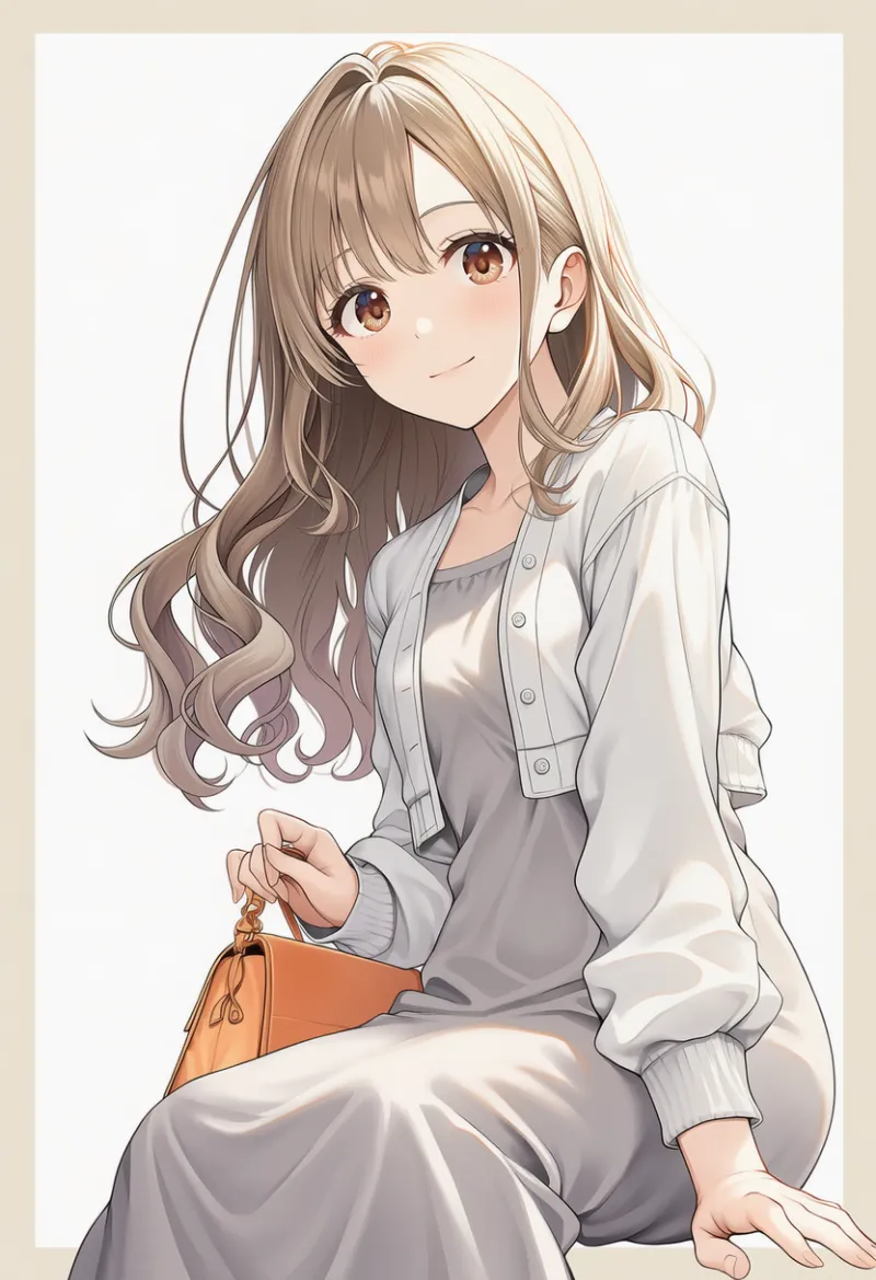 white cropped jacket, pale gray dress, pale orange bag|春コーデの配色パターンのプロンプト例