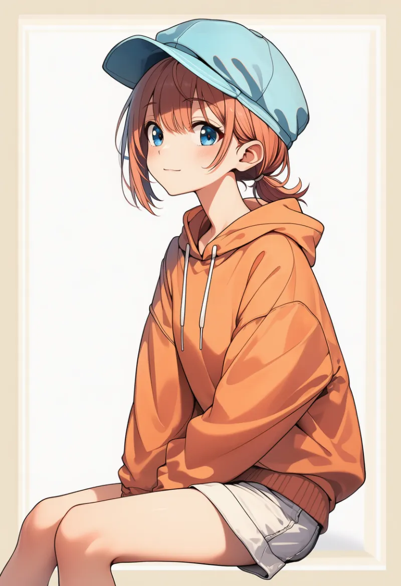 pale orange hoodie, white denim shorts, pale blue newsboy cap|春コーデの配色パターンのプロンプト例