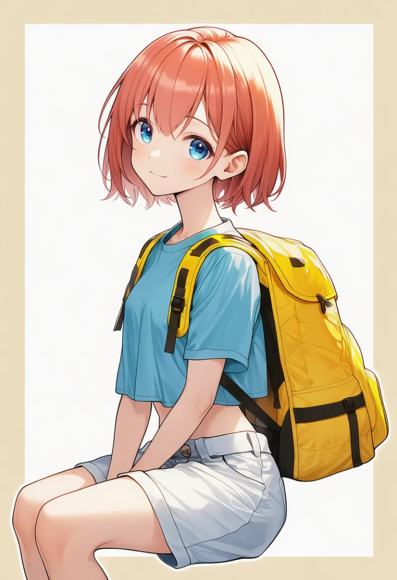 pale blue crop top overhang, white baggy shorts, pale yellow hiking backpack|春コーデの配色パターンのプロンプト例