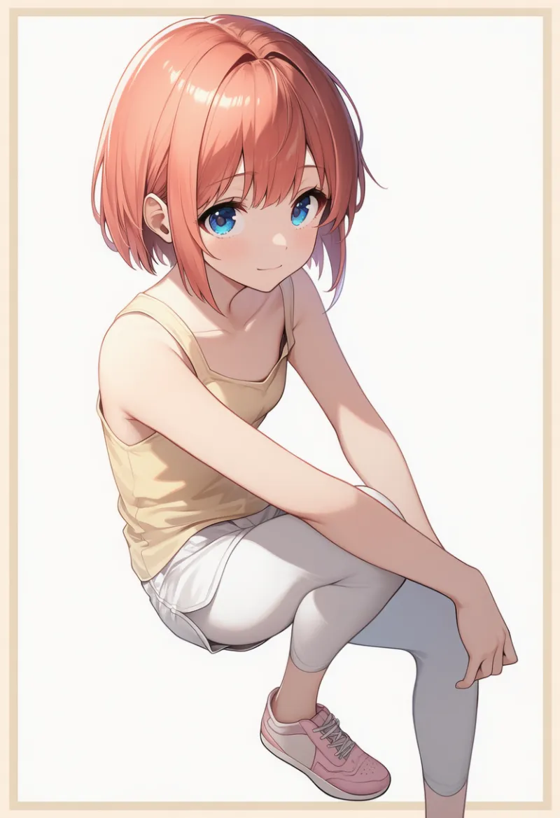 pale yellow tank top, white leggings, pale pink shoes|春コーデの配色パターンのプロンプト例