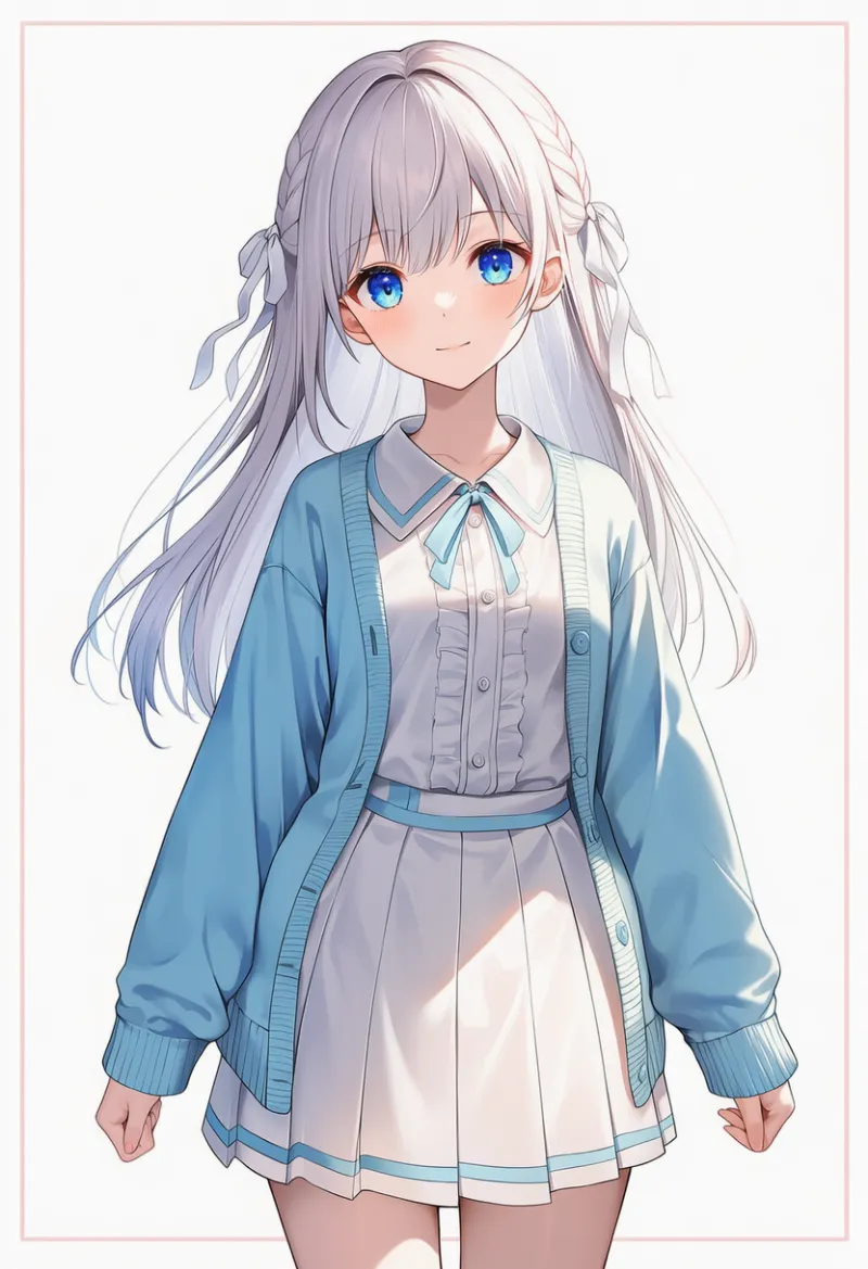 水色カーディガン+白ブラウス+白プリーツ:清楚系|春コーデのAIイラストとプロンプト