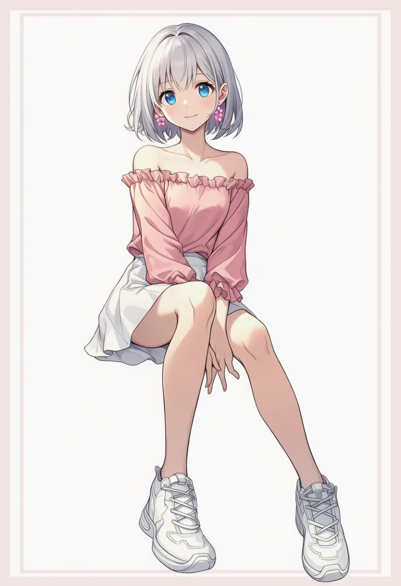 ピンクオフショルブラウス+白ミニスカ:カジュアル系|春コーデのAIイラストとプロンプト