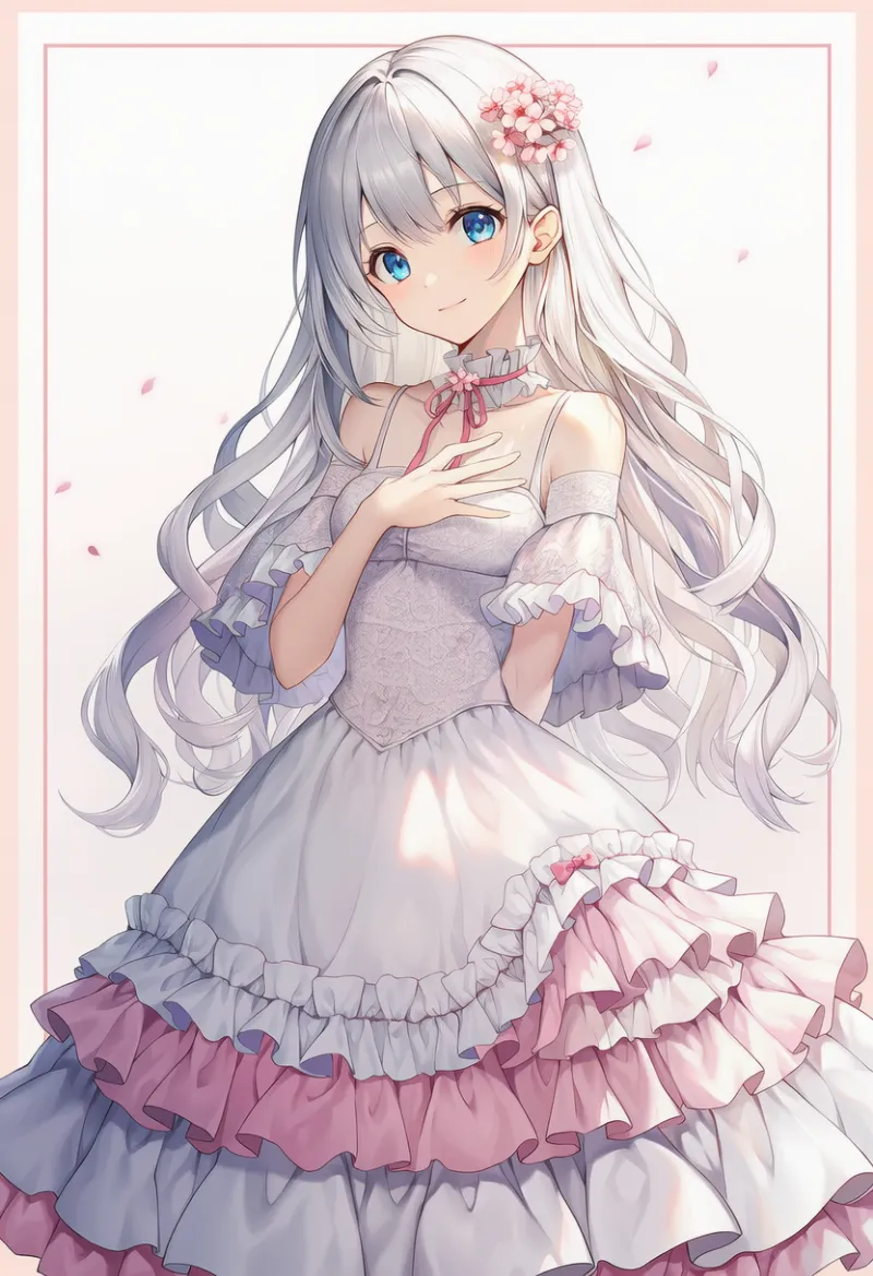 白ダブルフレアワンピース:ガーリー系|春コーデのAIイラストとプロンプト