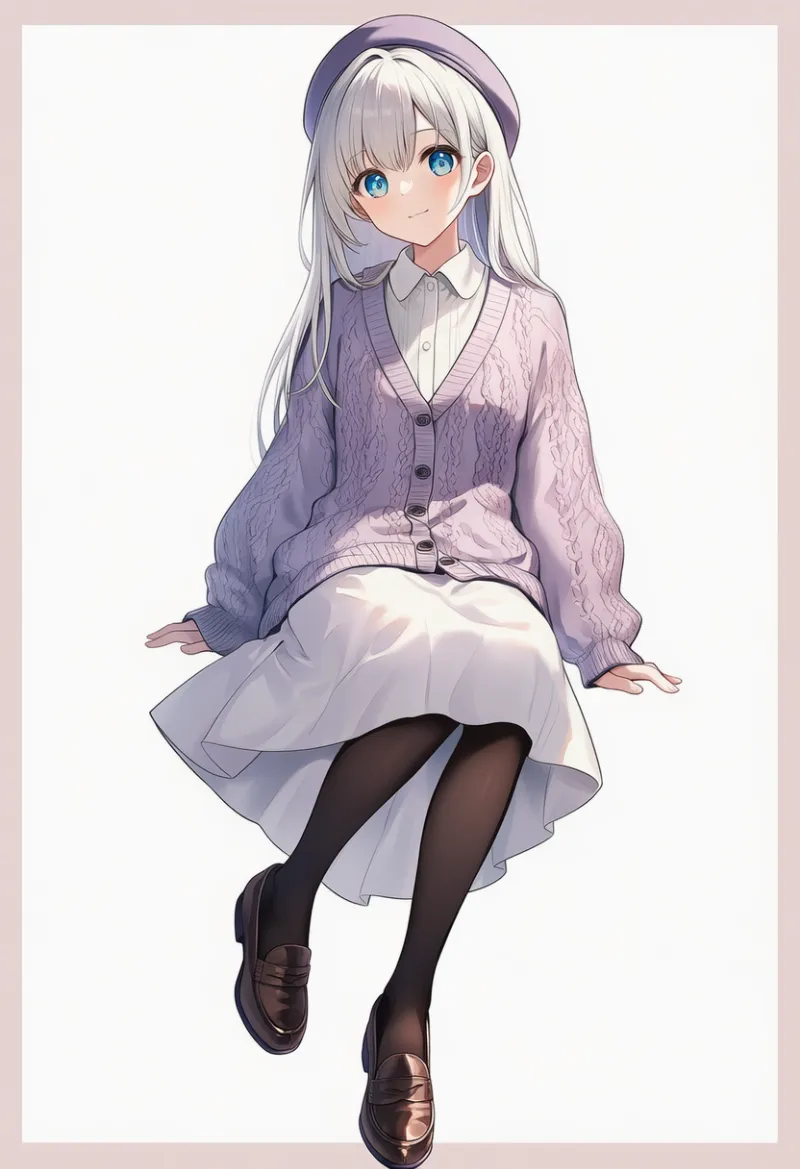 ラベンダーカーディガン+白スカート:おしゃれ系|春コーデのAIイラストとプロンプト